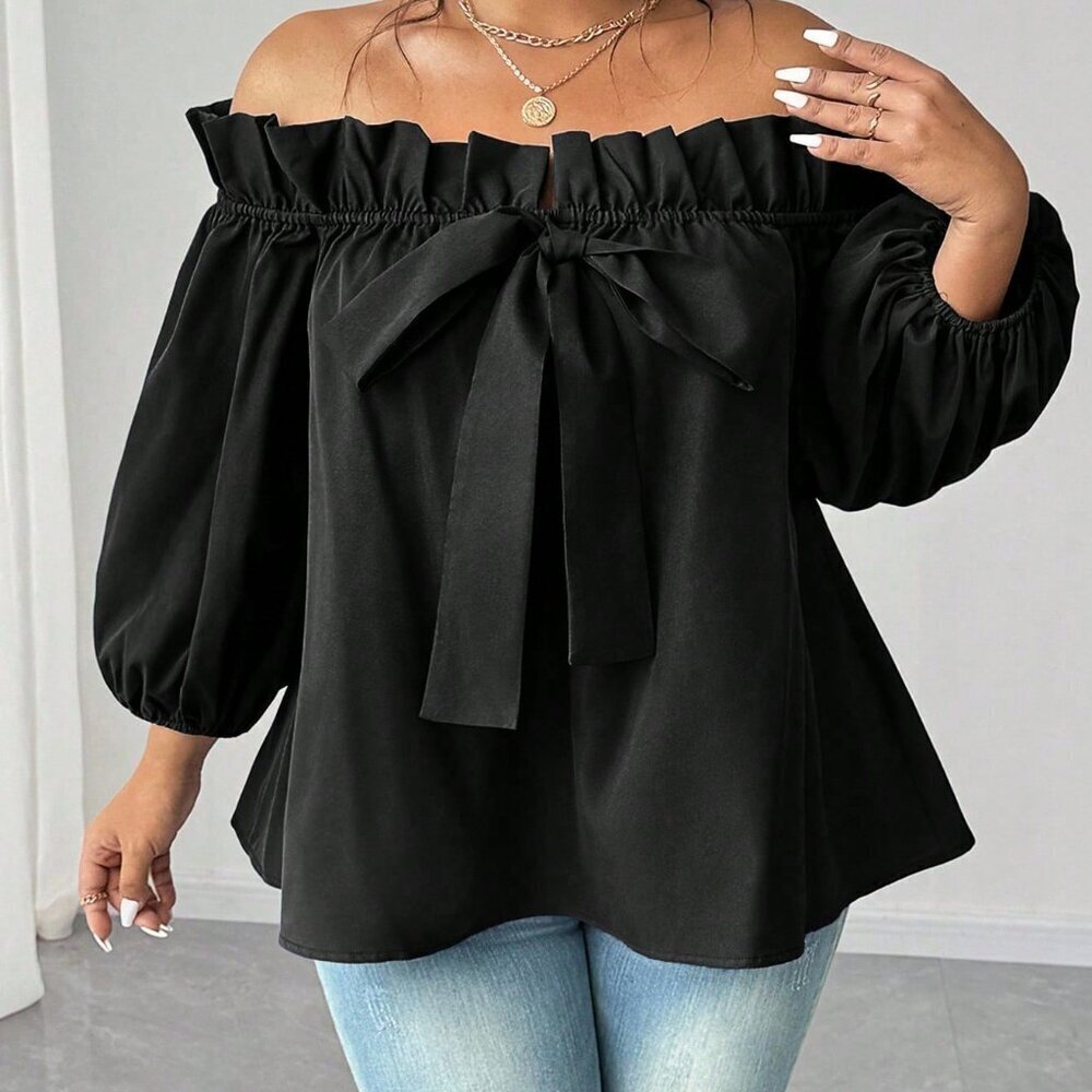 Black Casual Women's Plus Size Sexy Off-The-Shoulder Blouse